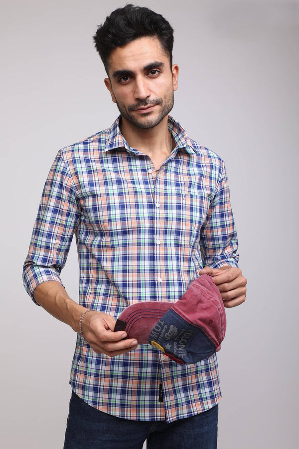 Classic Blue and Orange Plaid Casual Check Shirt (image 3)
