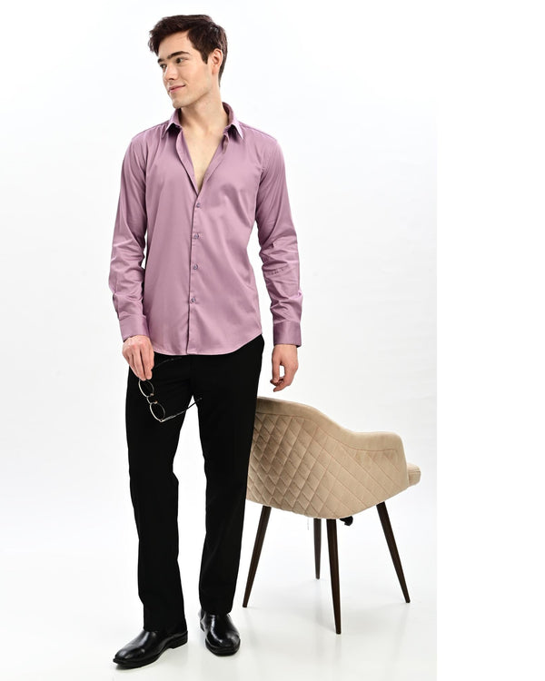 Men's dusty mauve satin formal shirt styled with black trousers – full length