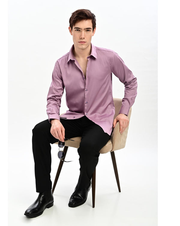 IVYN dusty mauve satin formal shirt – seated lifestyle shot