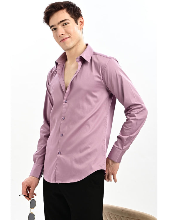 Dusty mauve satin slim fit shirt worn open collar – styled look