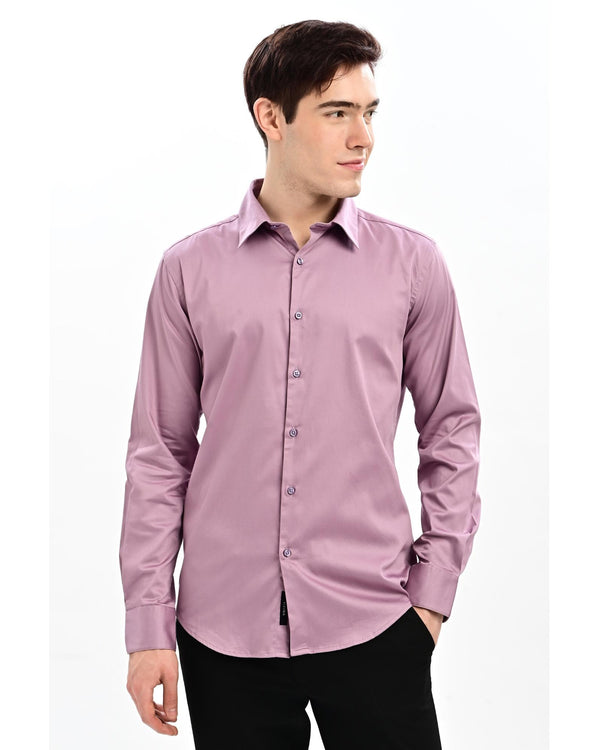 Dusty mauve satin formal shirt, slim fit – front angle view