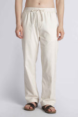 Linen-Blend Drawstring Trousers — Ecru