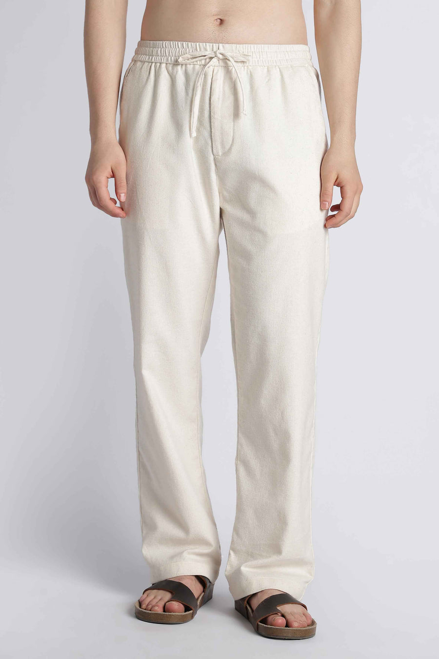 Linen-Blend Drawstring Trousers — Ecru