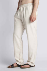 Linen-Blend Drawstring Trousers — Ecru