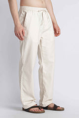 Linen-Blend Drawstring Trousers — Ecru
