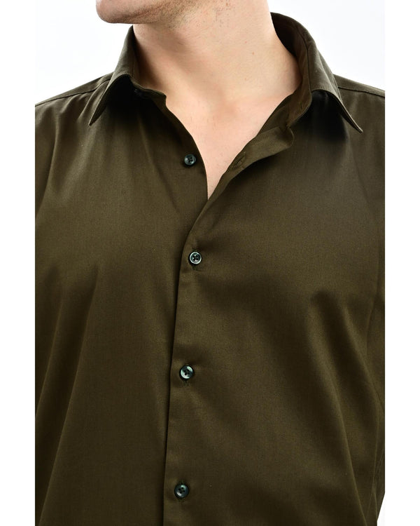 Close-up of satin fabric sheen and classic point collar – IVYN military olive formal shirt