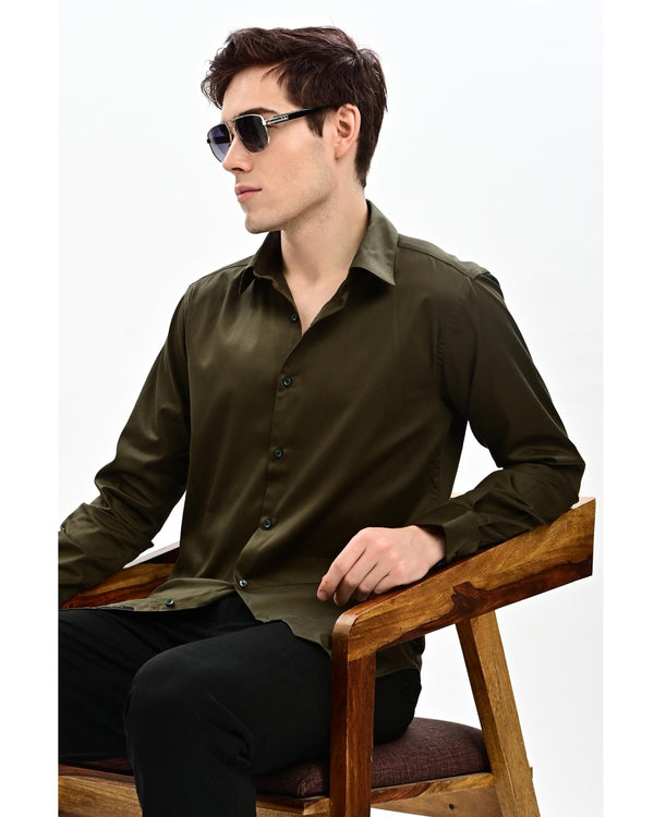 IVYN military olive satin formal shirt – seated lifestyle shot