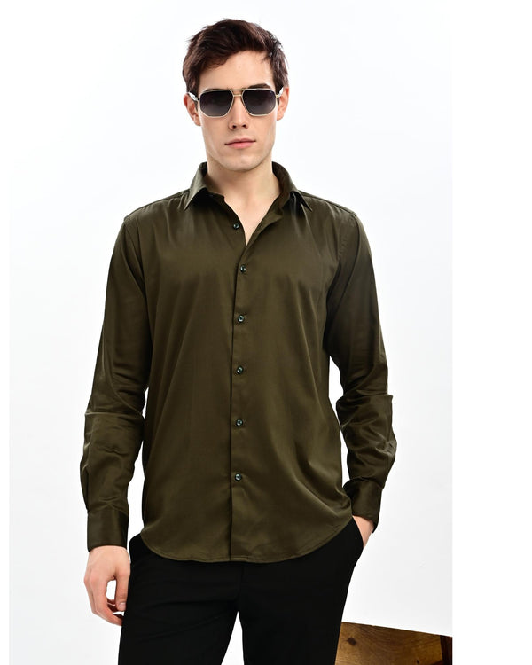Men's military olive satin formal shirt styled with black trousers – standing look