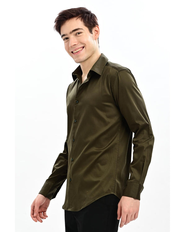 Military olive satin formal shirt, slim fit – front angle view