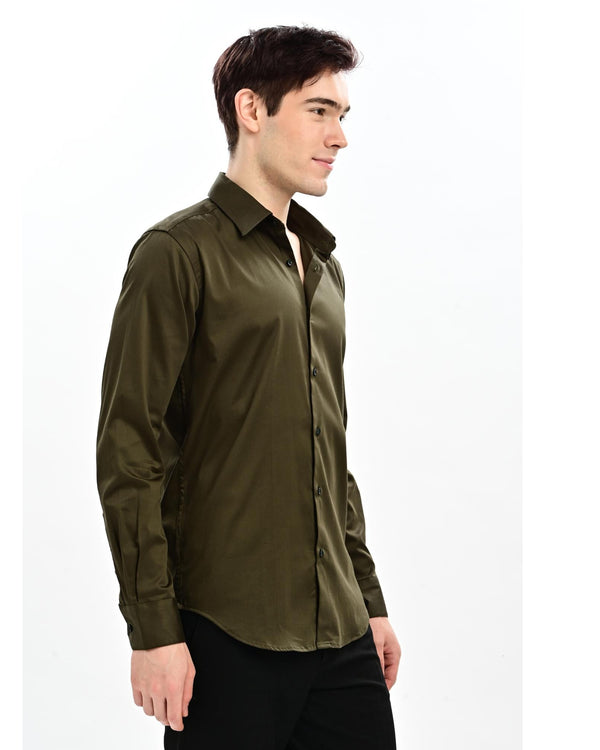 Military olive satin slim fit shirt for men – side view