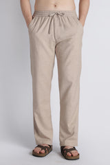 Front view of IVYN mushroom taupe linen-blend drawstring trousers