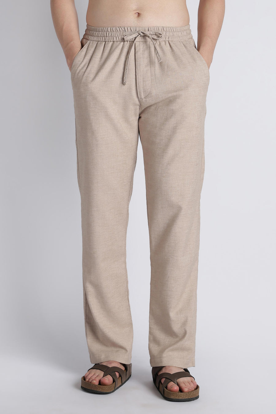 Front view of IVYN mushroom taupe linen-blend drawstring trousers