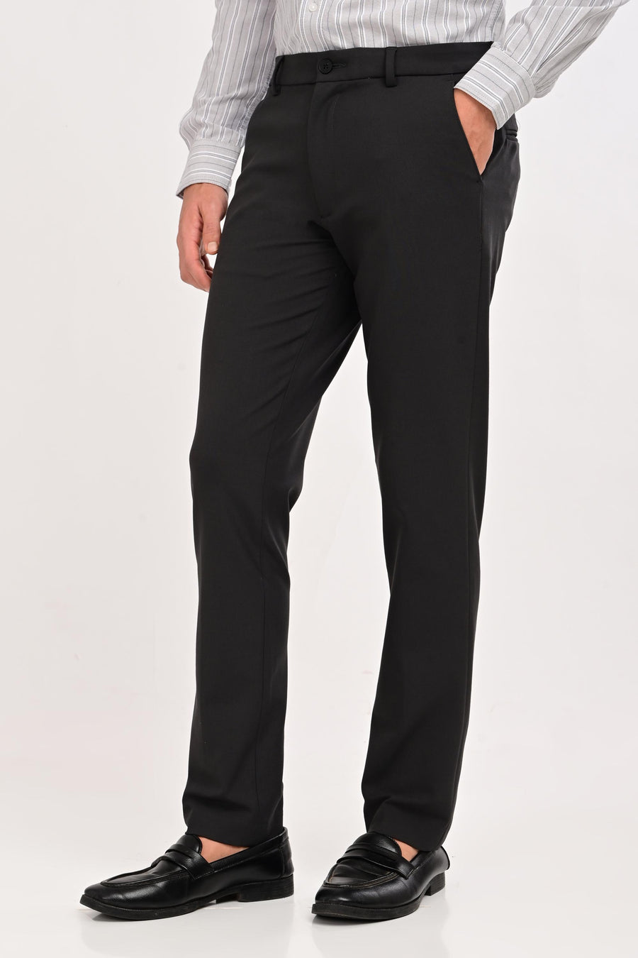 Three-quarter view of IVYN Regent Charcoal tailored formal trousers