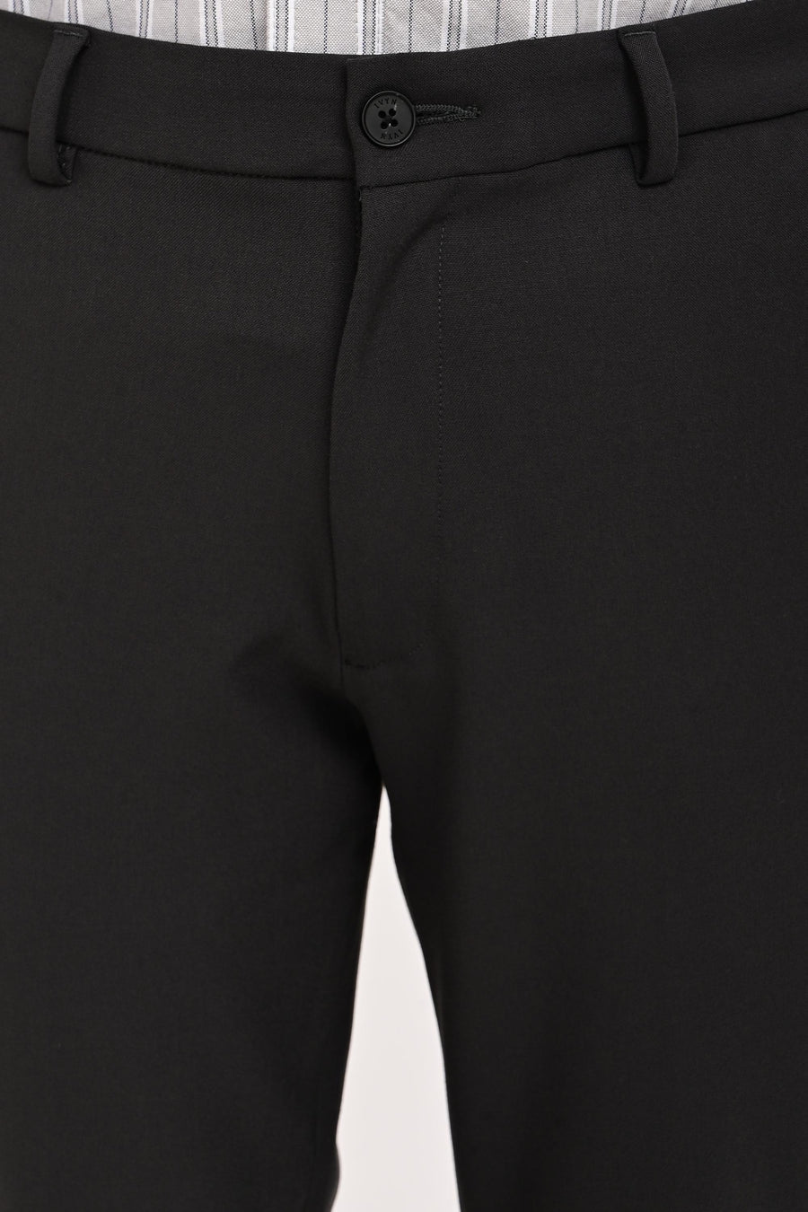 Waistband, button and concealed fly detail of IVYN Charcoal trousers