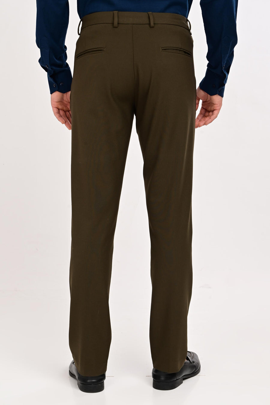 Back view of IVYN Regent Deep Olive slim-fit formal trousers