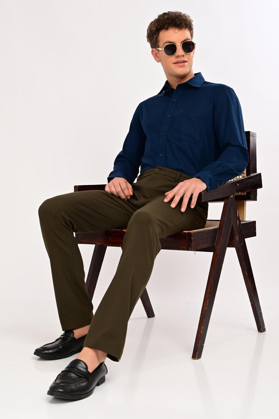 Seated formal look featuring IVYN Regent Deep Olive trousers