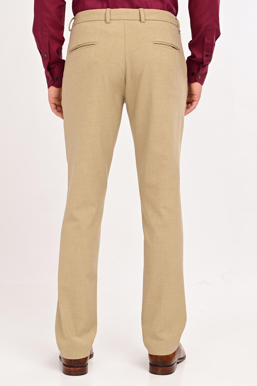 Back view of IVYN Regent Desert Sand melange slim-fit formal trousers