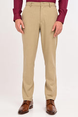 Front view of IVYN Regent Desert Sand melange slim-fit formal trousers