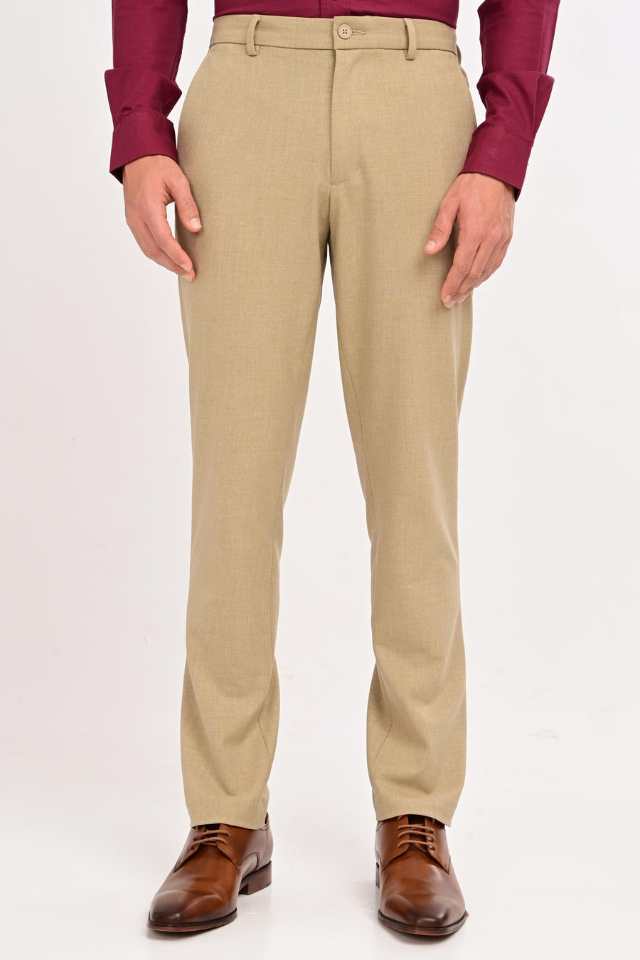 Front view of IVYN Regent Desert Sand melange slim-fit formal trousers