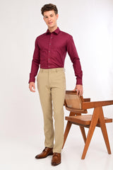 Full-length styled look featuring IVYN Regent desert-sand-melange trousers