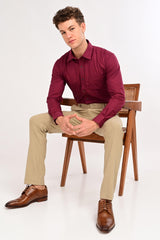 Full-length styled look featuring IVYN Regent desert-sand-melange trousers
