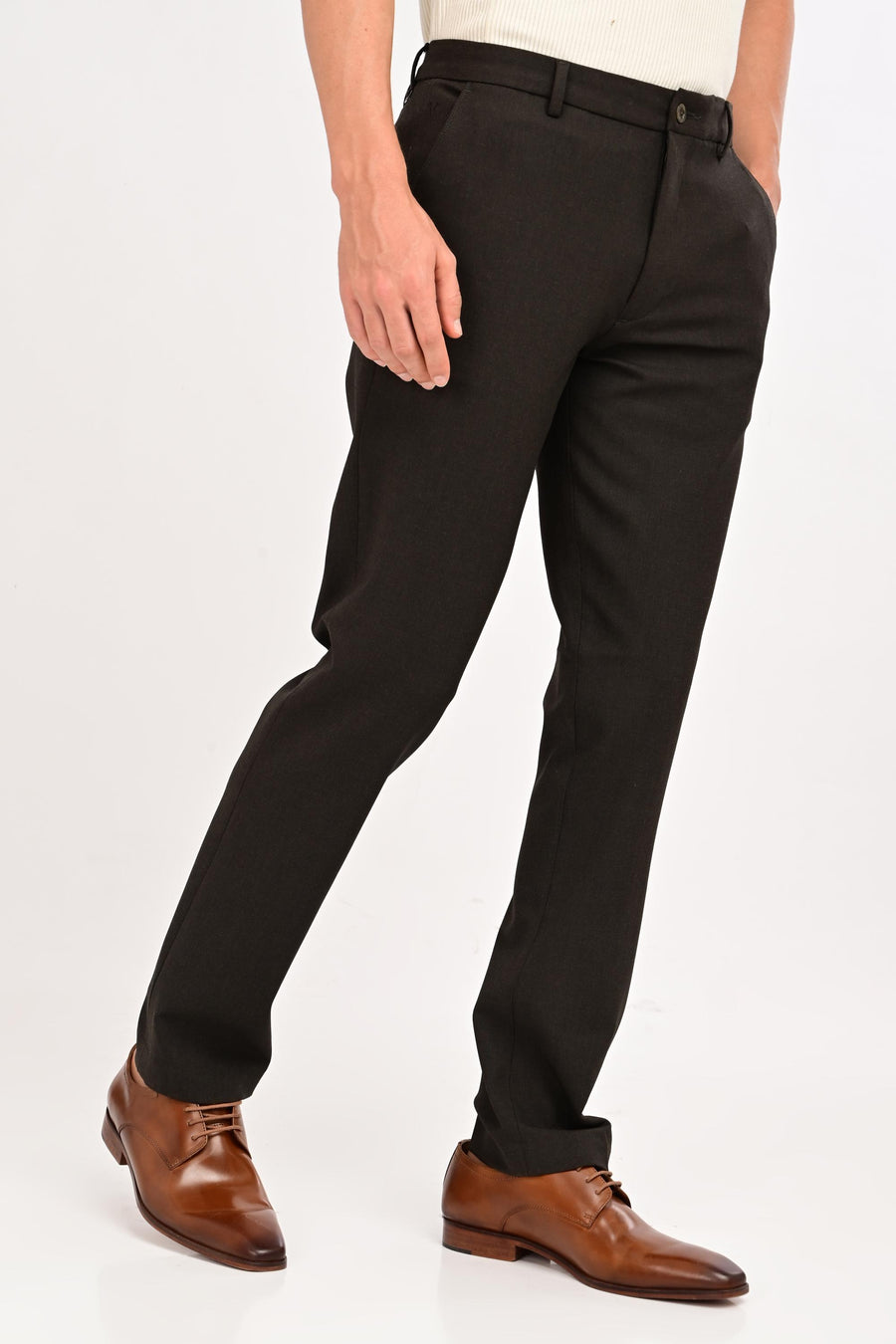 Angled front view of IVYN Regent Espresso Melange formal trousers