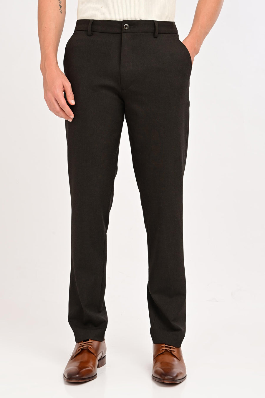 Model wearing IVYN Regent Espresso Melange slim-fit formal trousers