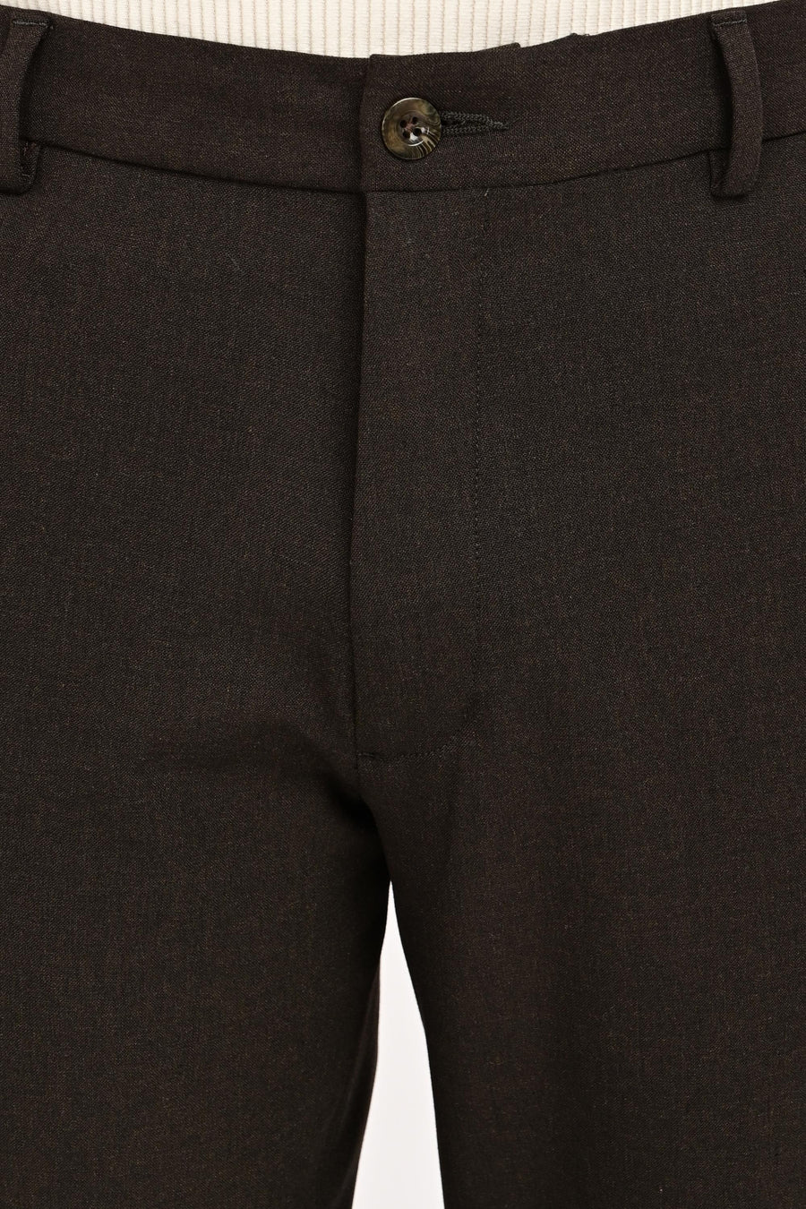 Waistband, button and concealed fly detail of IVYN Espresso Melange trousers