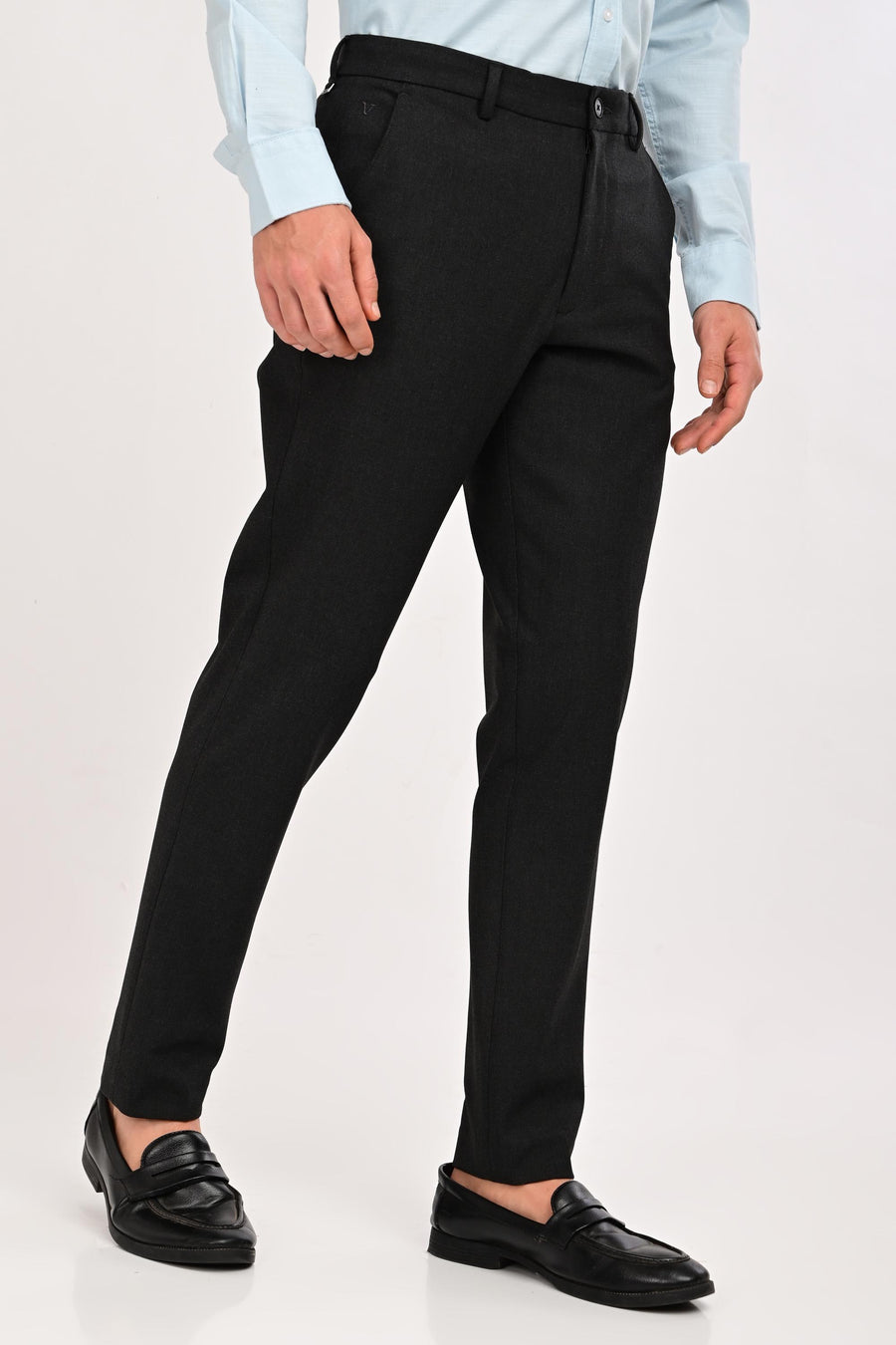 Angled front view of IVYN Regent Graphite Melange formal trousers