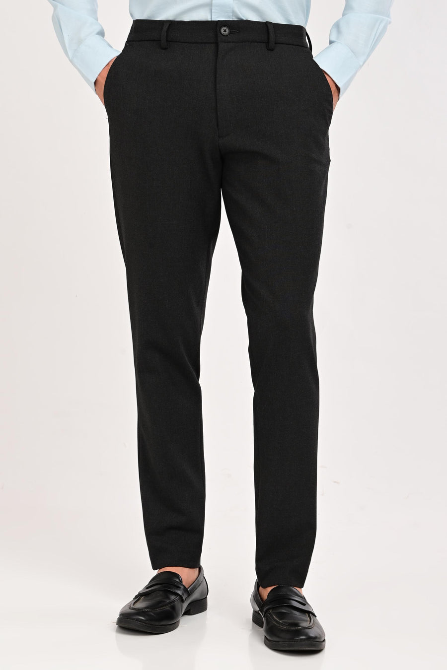 Front view of IVYN Regent Graphite Melange slim-fit formal trousers
