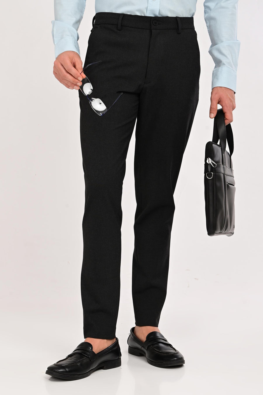 Styled front view of IVYN Regent Graphite Melange formal trousers