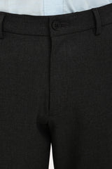 Waistband, button and concealed fly detail of IVYN Graphite Melange trousers