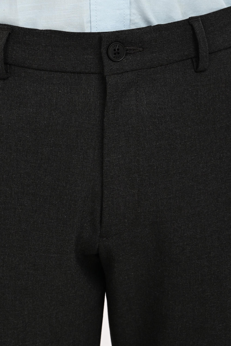 Waistband, button and concealed fly detail of IVYN Graphite Melange trousers