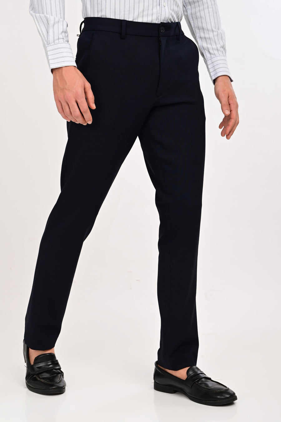 Angled front view of IVYN Regent Midnight Navy formal trousers