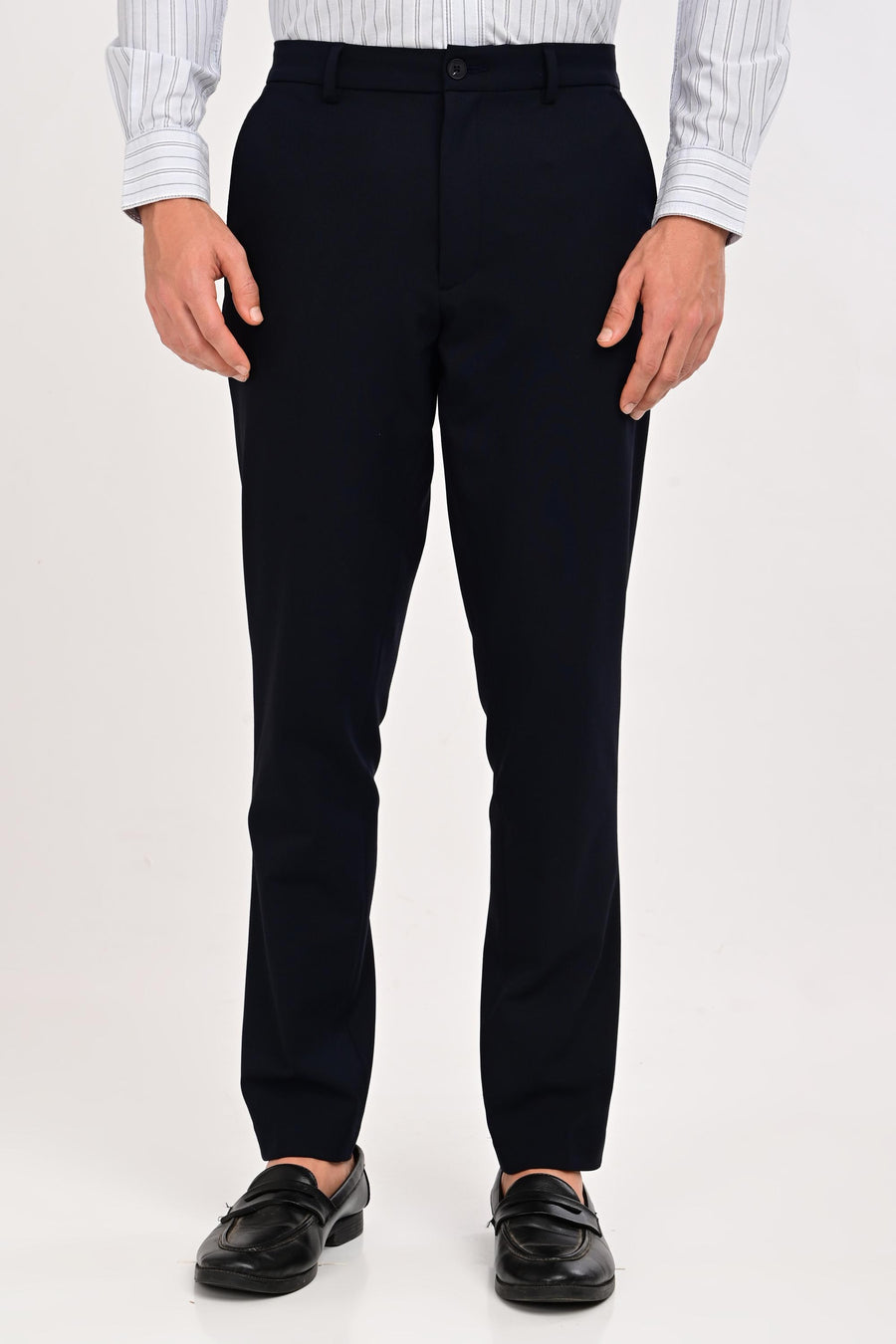 Front view of IVYN Regent Midnight Navy slim-fit formal trousers