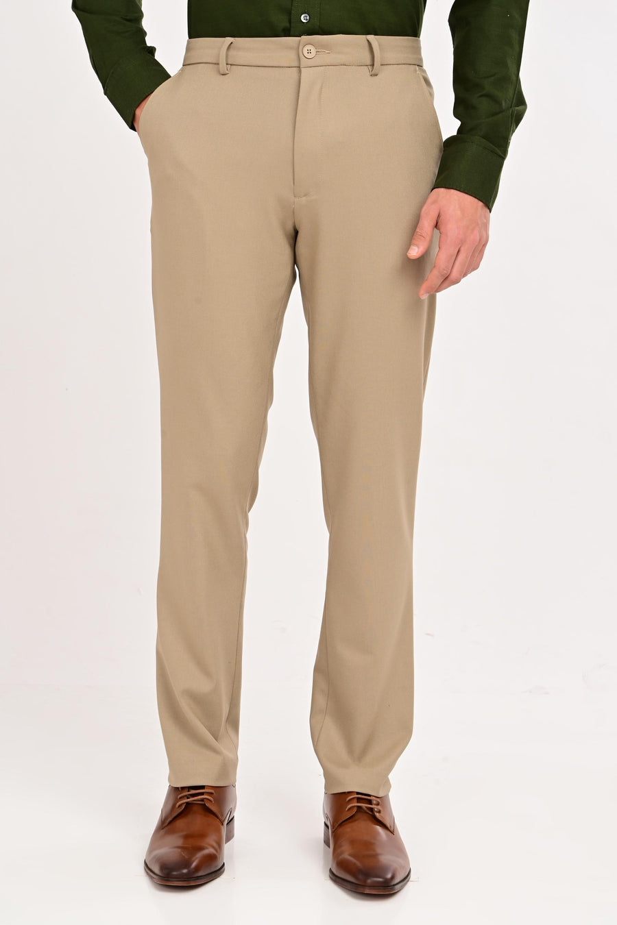 Front view of IVYN Regent Mushroom Taupe slim-fit formal trousers