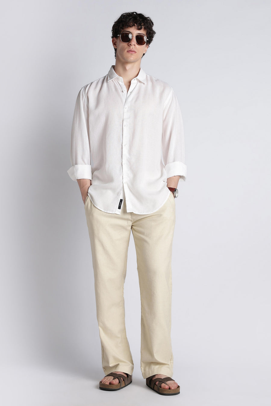 Premium styled look featuring IVYN soft cream linen-blend trousers