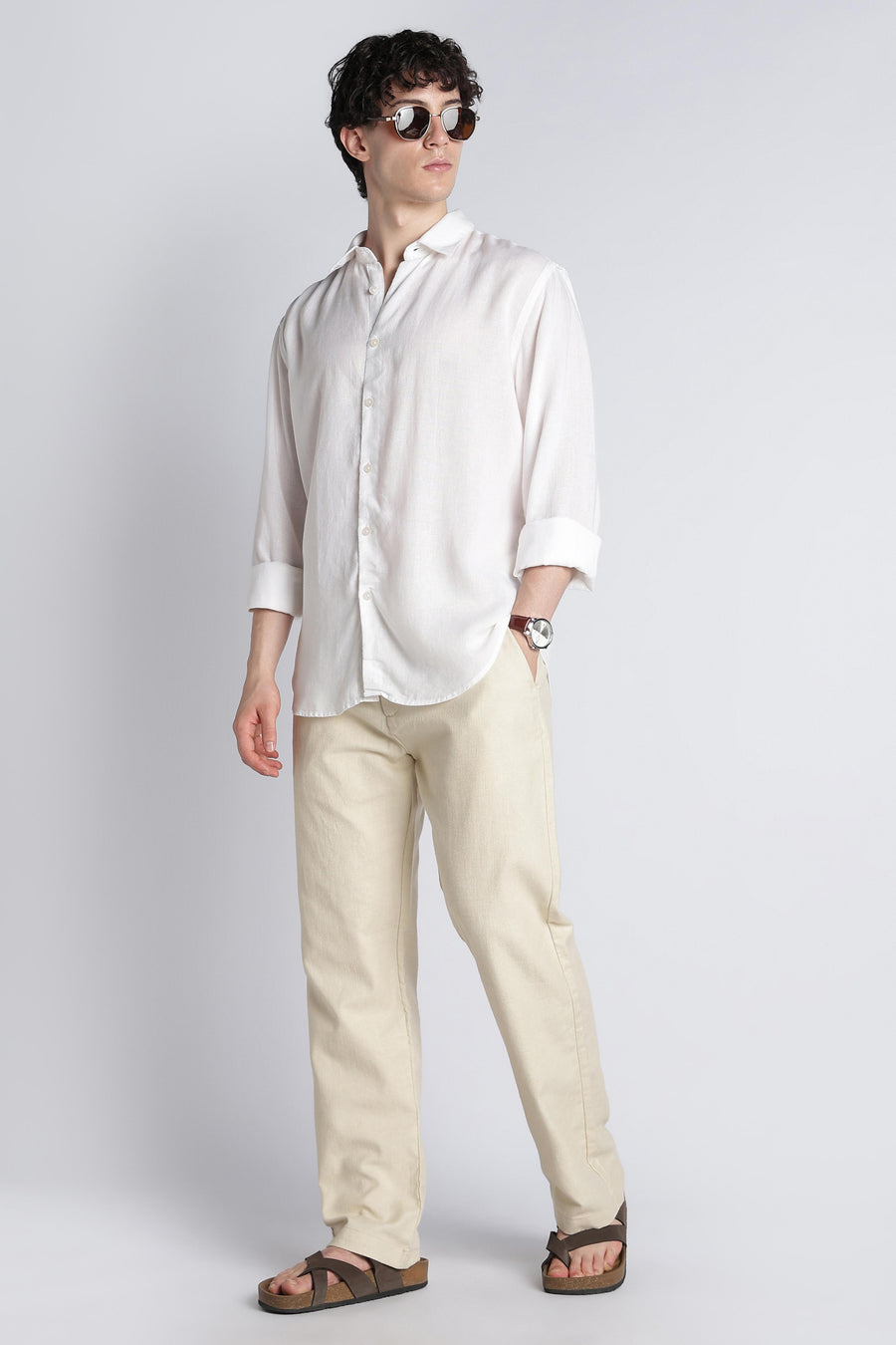 Relaxed full-length look featuring IVYN soft cream straight-fit trousers