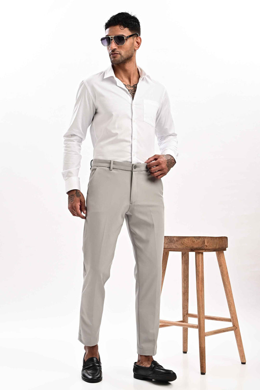 Fine Twill Stretch Straight Fit Trousers – Stone Grey in Stone Grey