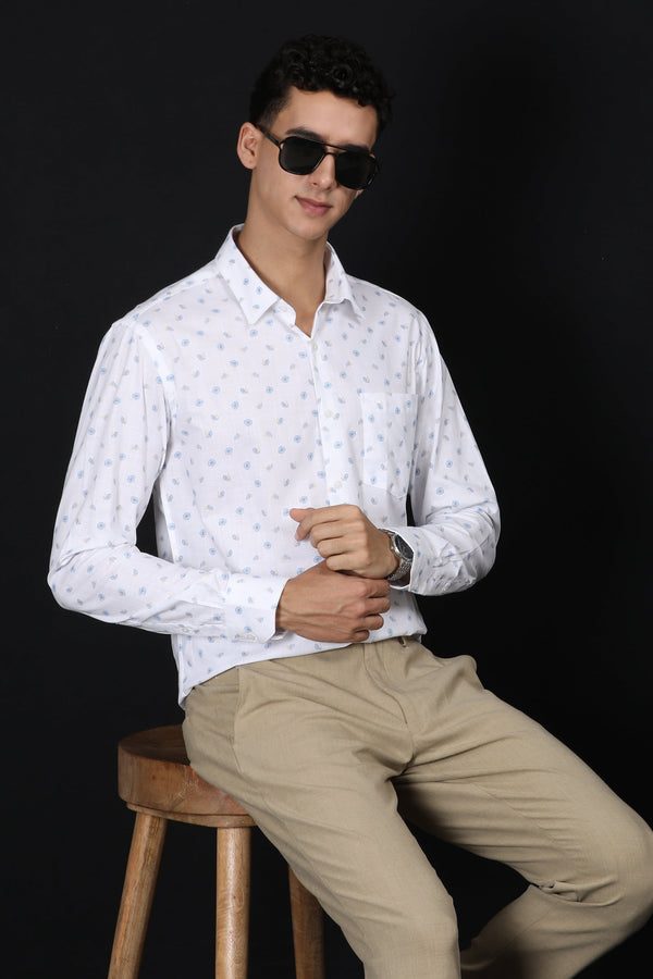 Light Blue Floral Printed White Casual Shirt (image 5)