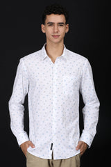 White Printed Slim Fit Casual Shirt – Light Blue Floral Design - IVYN