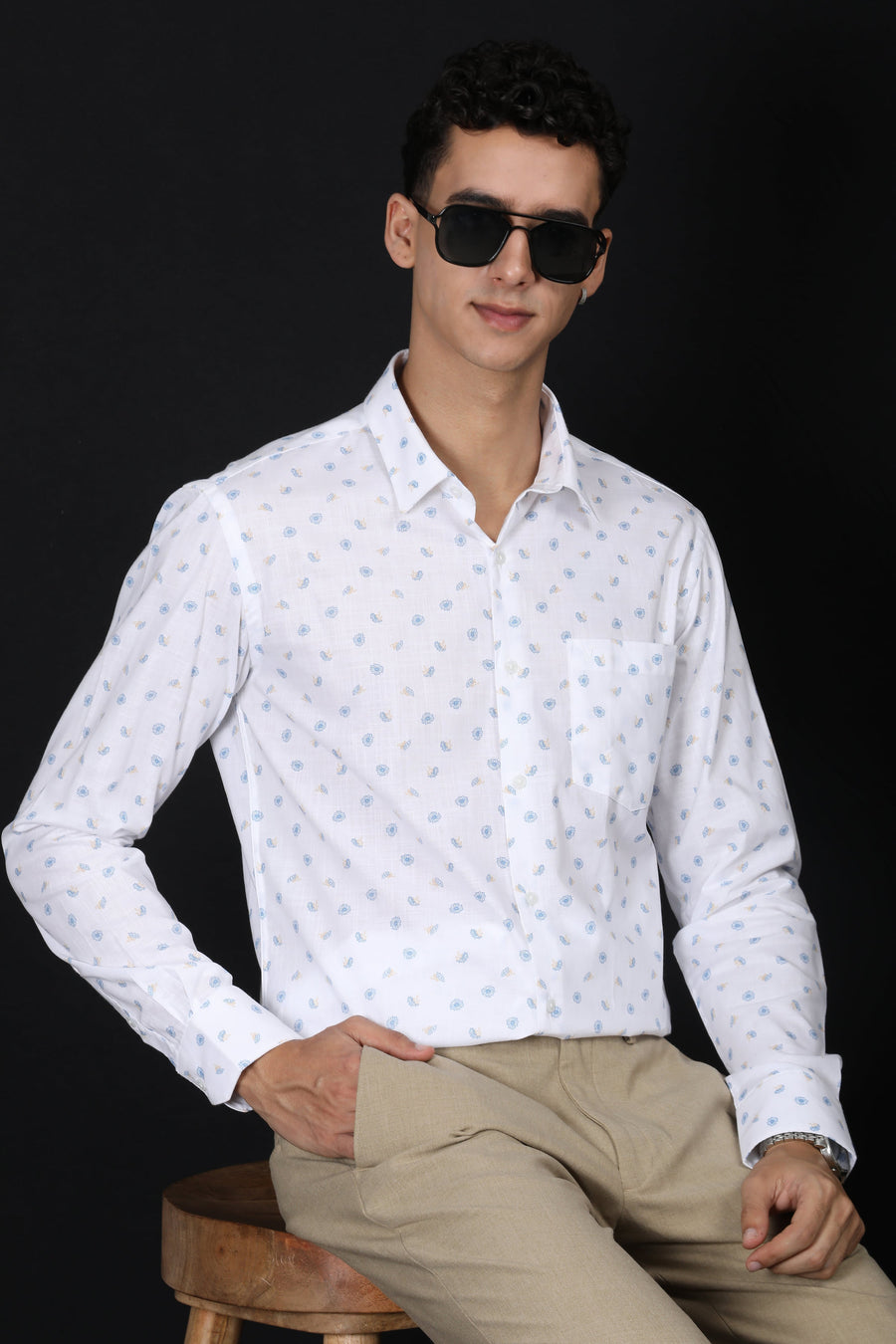 White Printed Slim Fit Casual Shirt – Light Blue Floral Design - IVYN