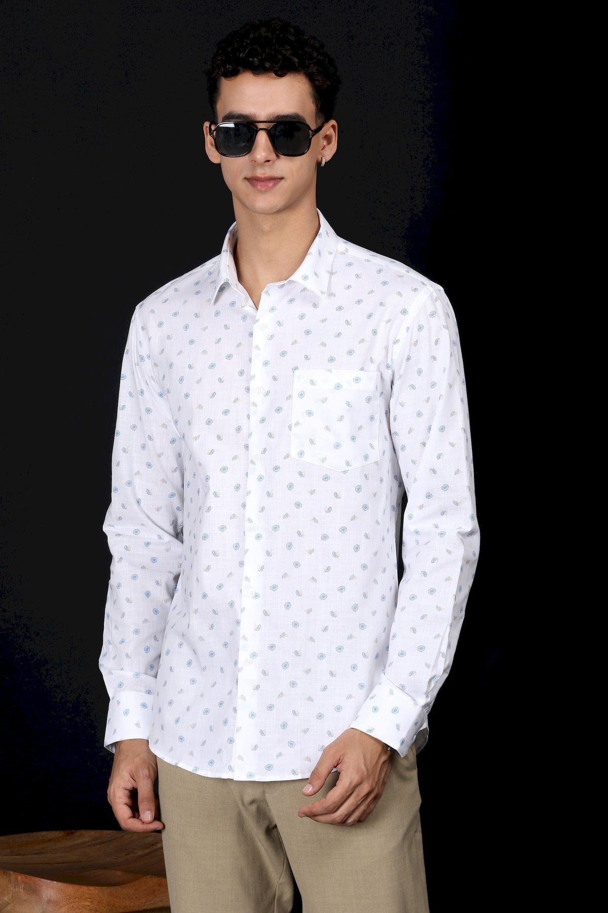 Light Blue Floral Printed White Casual Shirt