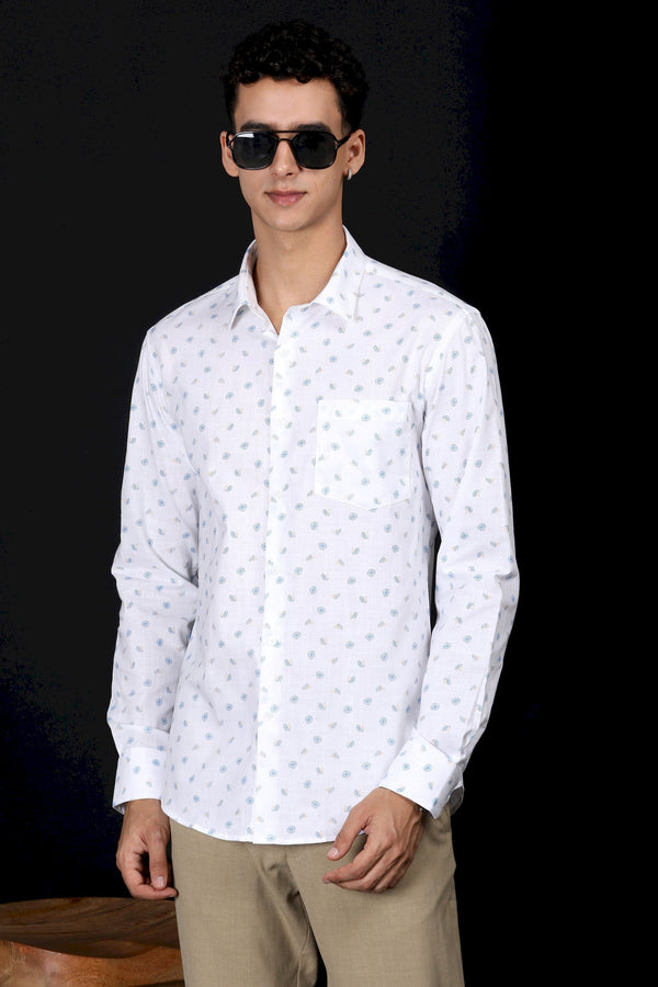 Light Blue Floral Printed White Casual Shirt