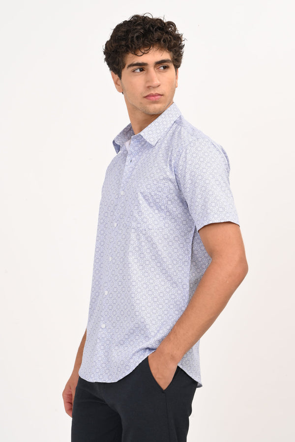 Light Blue Geometric Microprint Half Sleeve Casual Shirt (image 3)