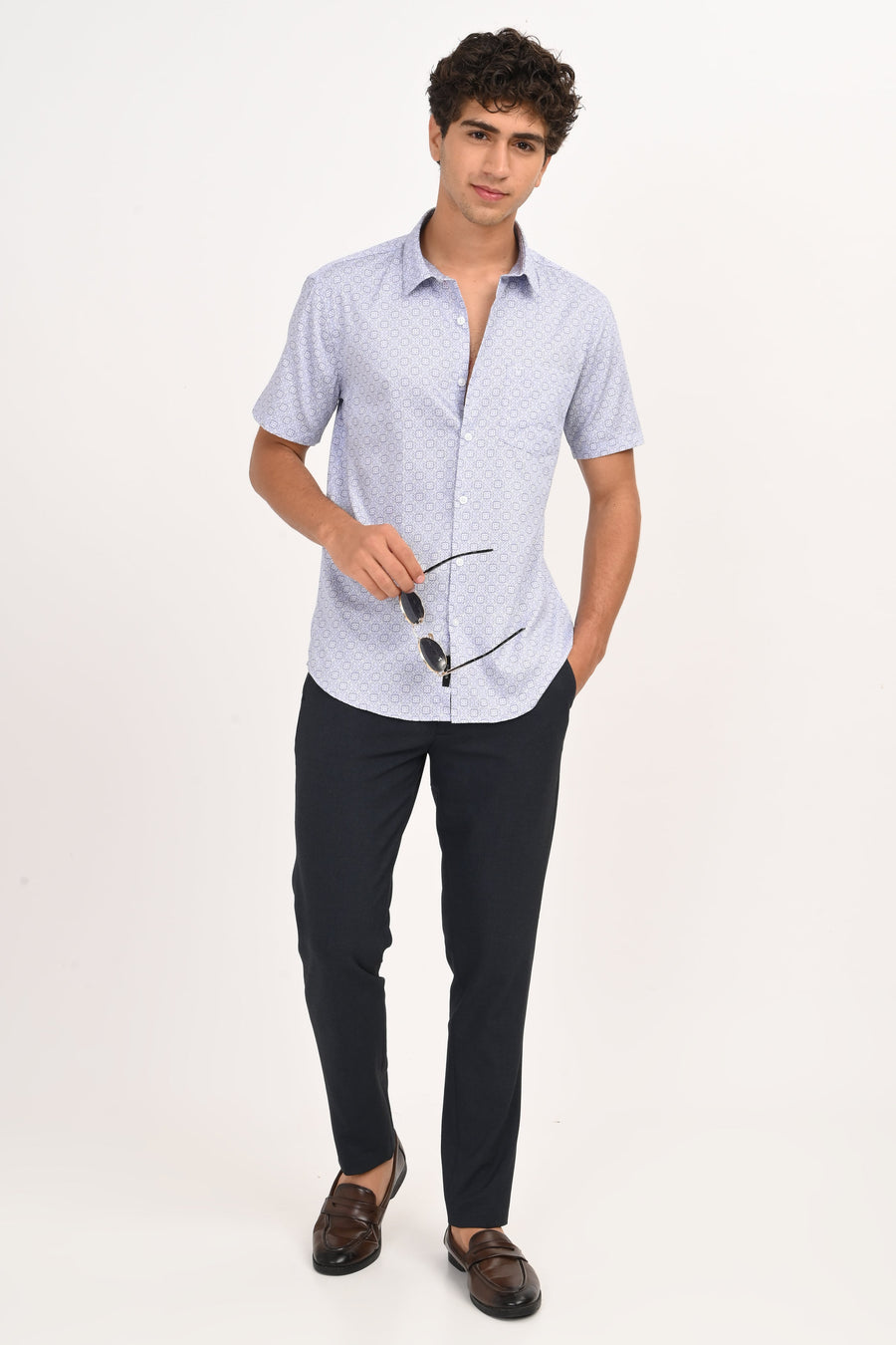 Light Blue Geometric Microprint Half Sleeve Casual Shirt - IVYN