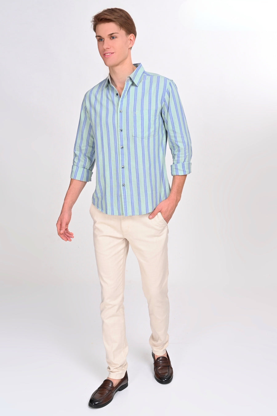 Lincoln Light Green Striped Shirt - IVYN