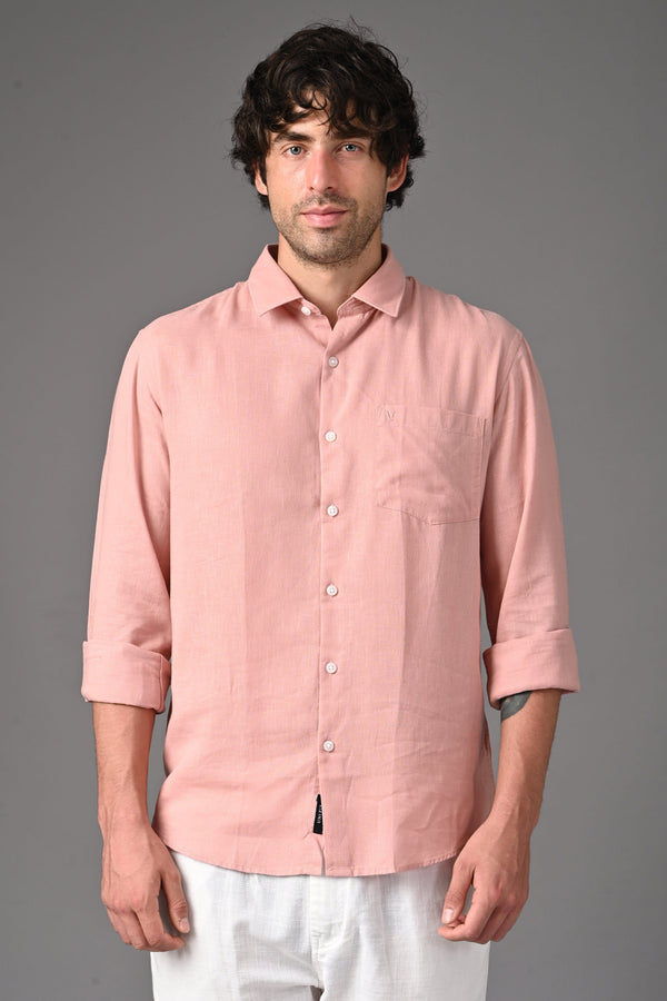 Premium Linen Full Sleeves Shirt - Peach Pink (image 1)