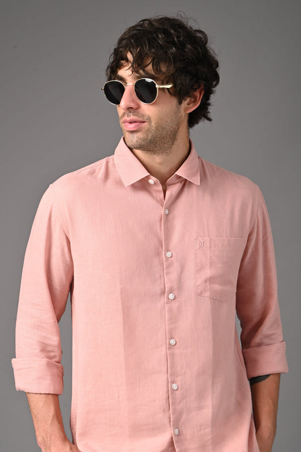 Premium Linen Full Sleeves Shirt - Peach Pink