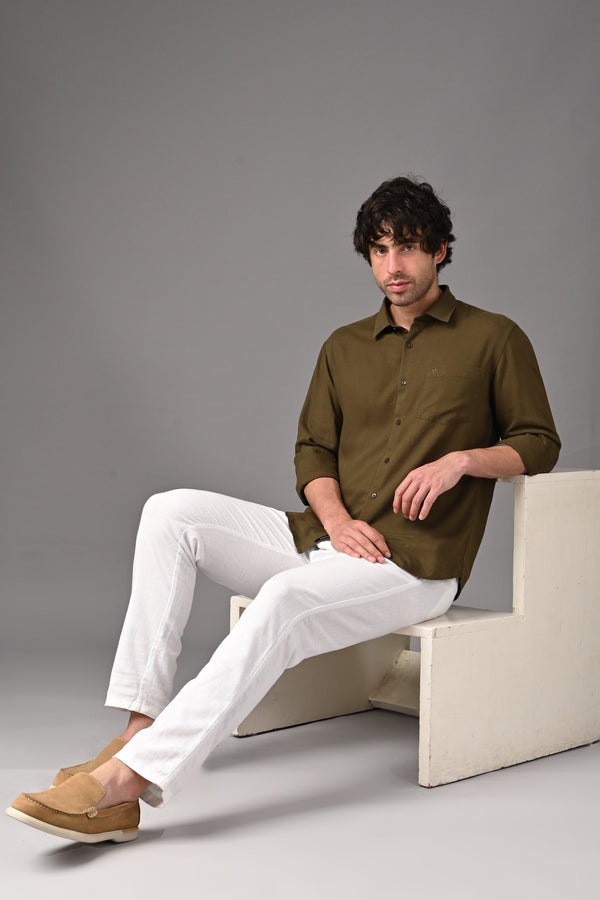 Premium Linen Full Sleeves Shirt - Olive Green alternate view